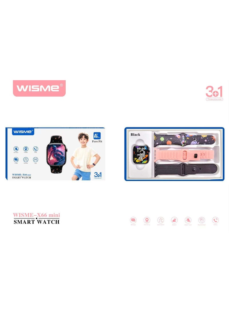 WISME X66 Mini Kids Smart Watch With Bluetooth Calling 3 Pair Straps and Charging Cable Black - Image 3